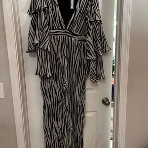 Plunge Black and White Zebra Print Wide Leg Jumpsuit